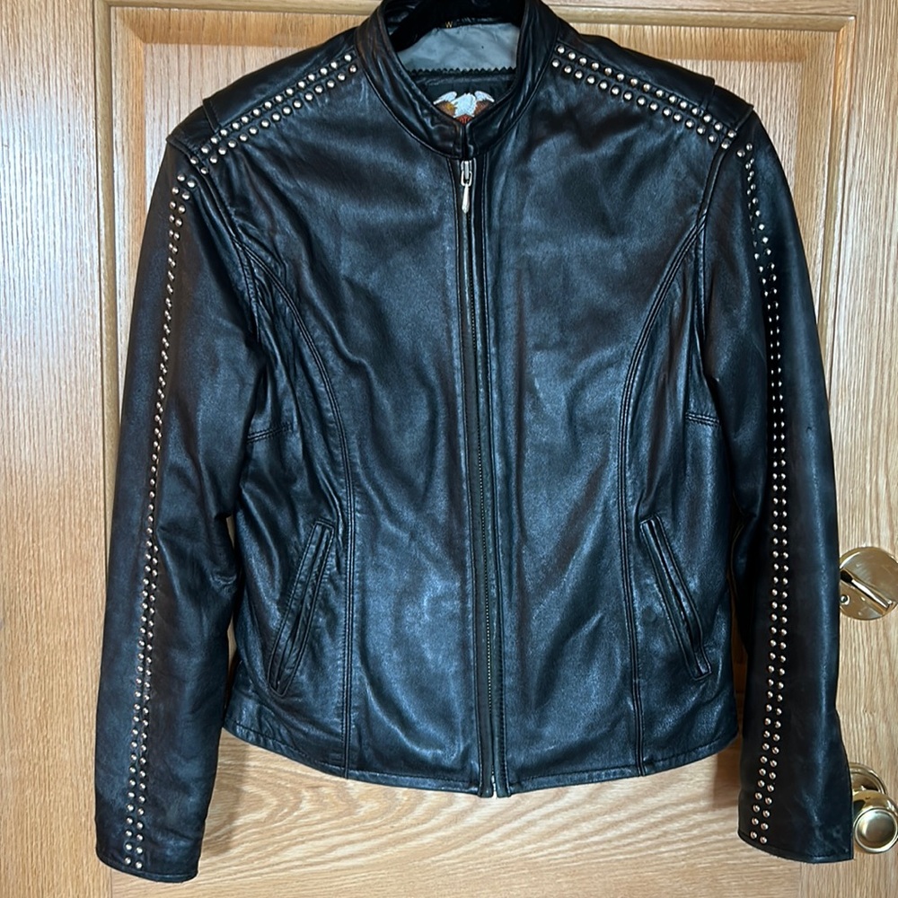 Harley Davidson heavy black leather jacket with silver studding. XS
